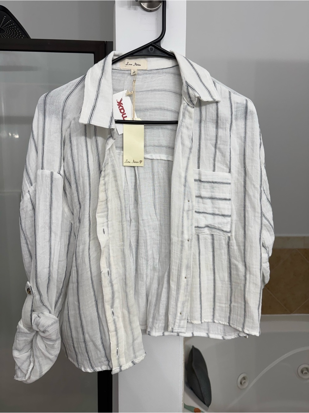 Love Notes White Button-Down Shirt with Gray Stripes